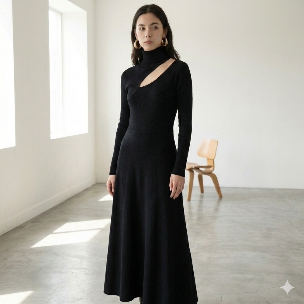 Oak + Fort Black Cutout Long Sleeve Cotton Knit Midi Dress - Large NWOT
